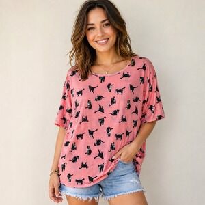 LuLaRoe Irma Tunic Top Sz S Pink Cat Print Short Sleeve Shirt Kitten Cat Lady